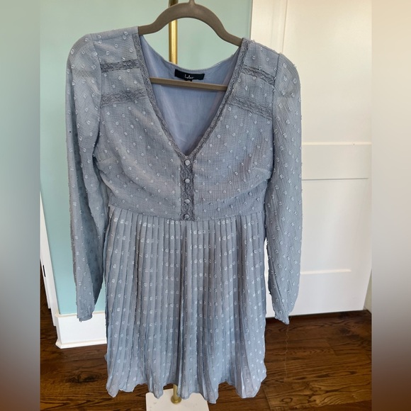 Lulus Size XS Poetic Love Dusty Blue Swiss Dot Long Sleeve Pleated Mini Dress - Picture 5 of 8